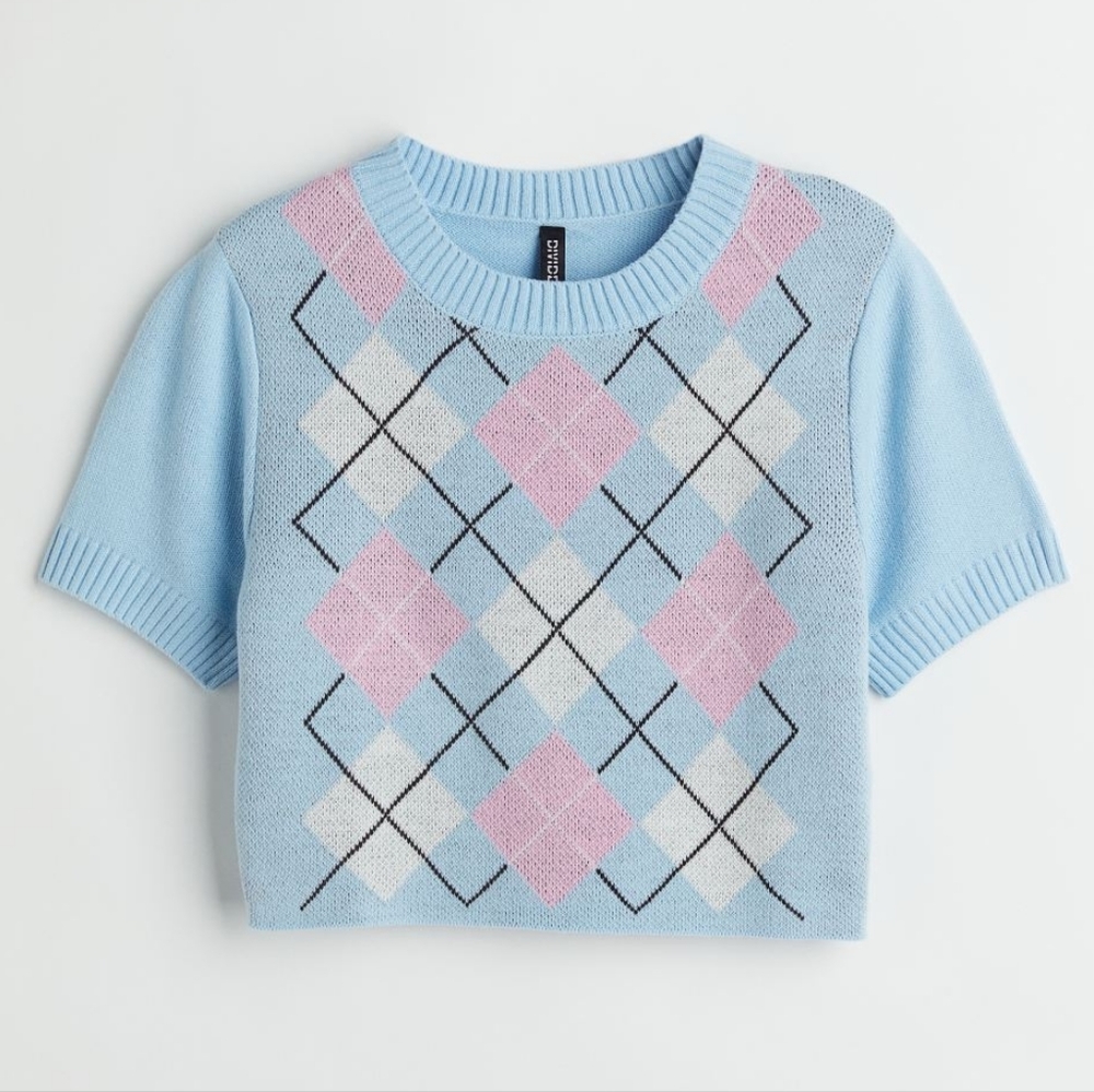 H&M Knit Short Sleeve Argyle Crop Top